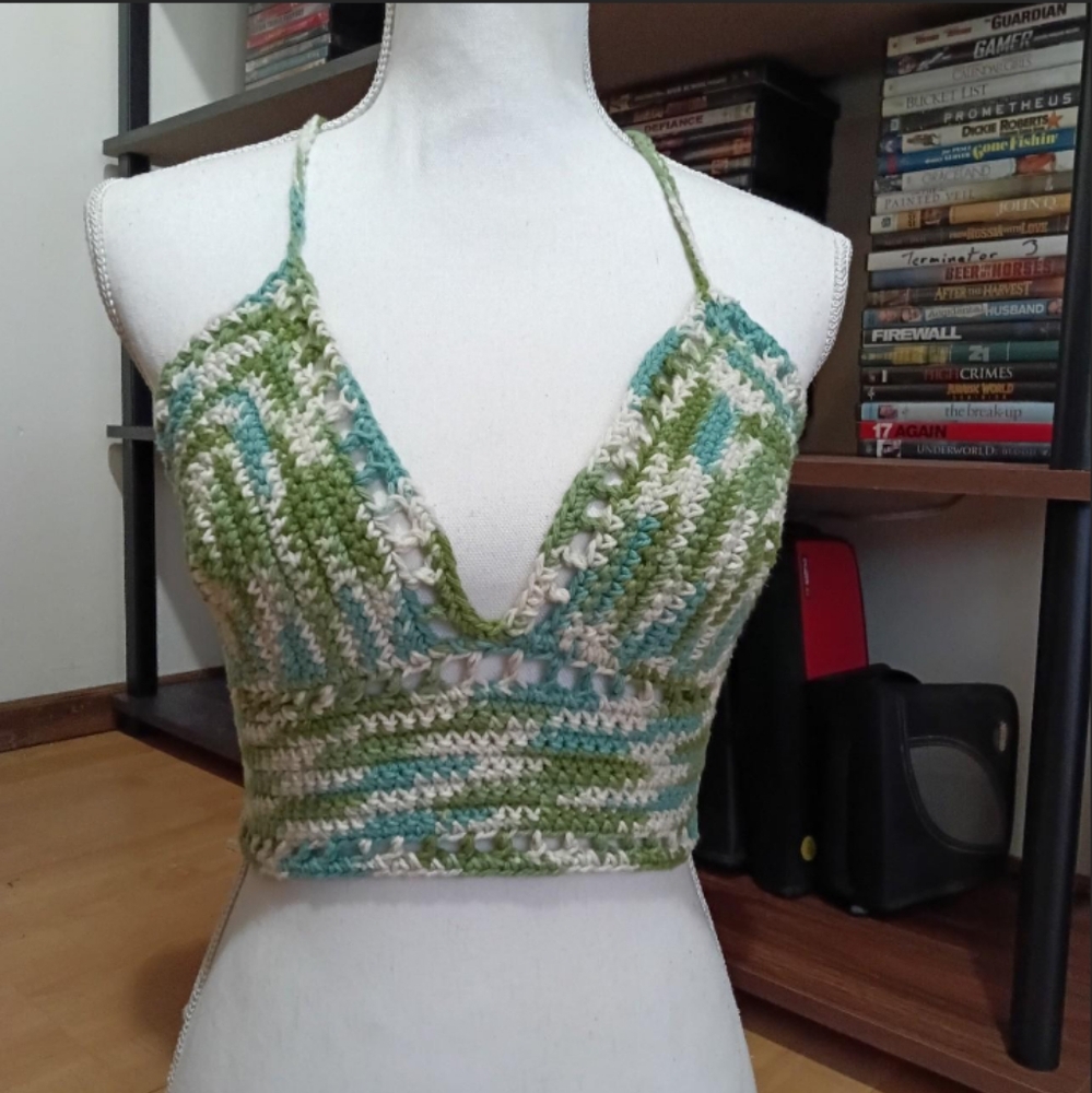 Crochet lily top handmade green white and blue (pattern by passionknit goods)